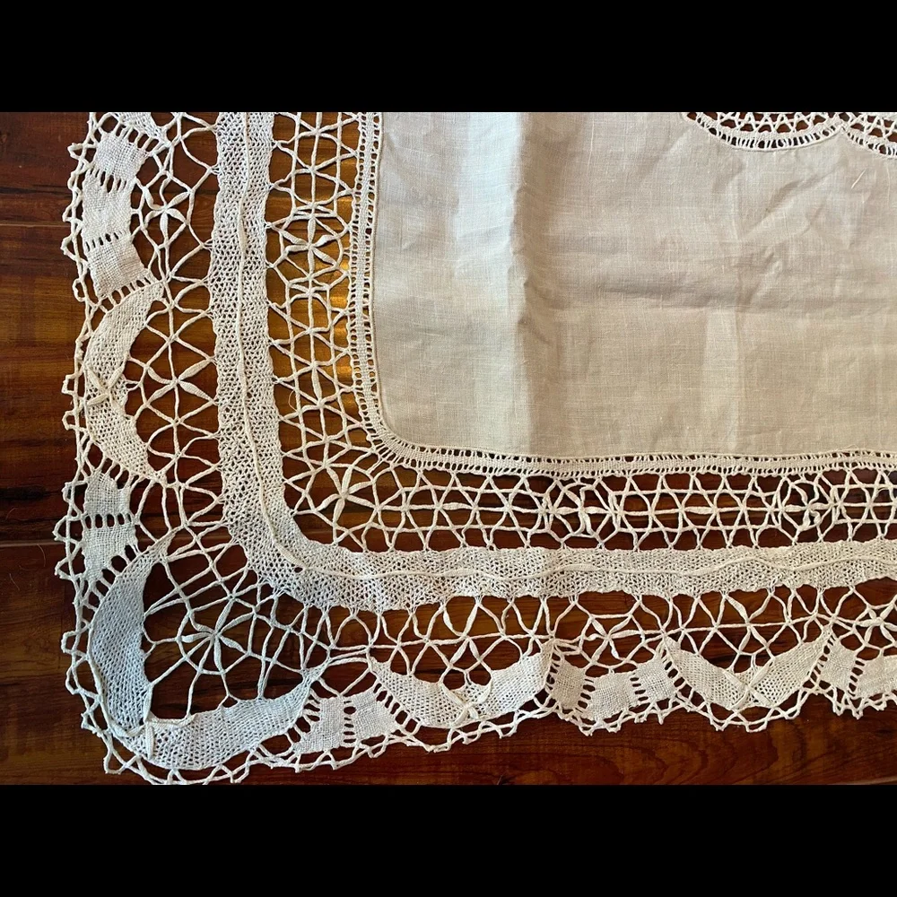 Vintage Cream Linen Tablecloth Heavy Battenberg Lace Inset Scalloped Edge 44x46